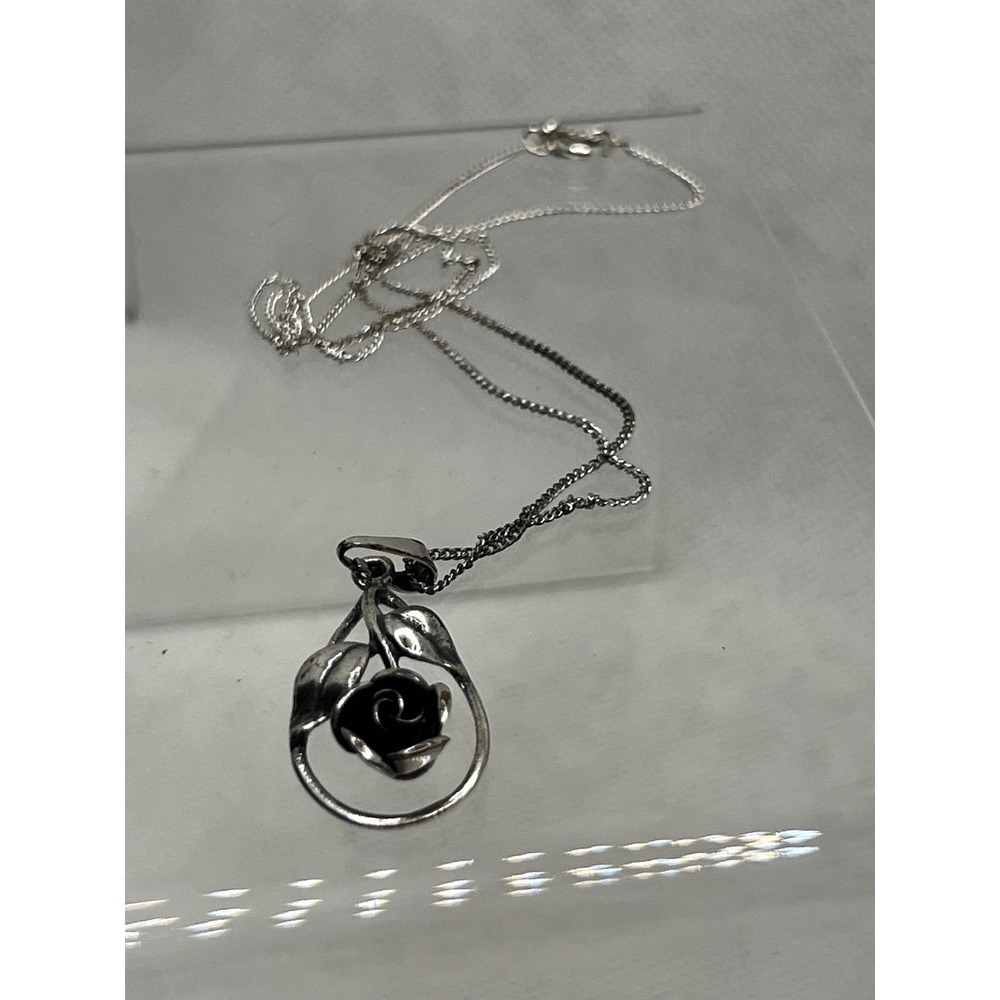 925 Sterling Silver Rose Floral Pendant Necklace 18 Inch Italy Chain